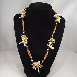 Vintage 1960s Shell Wood Beaded Necklace Boho Natural Beads 20"